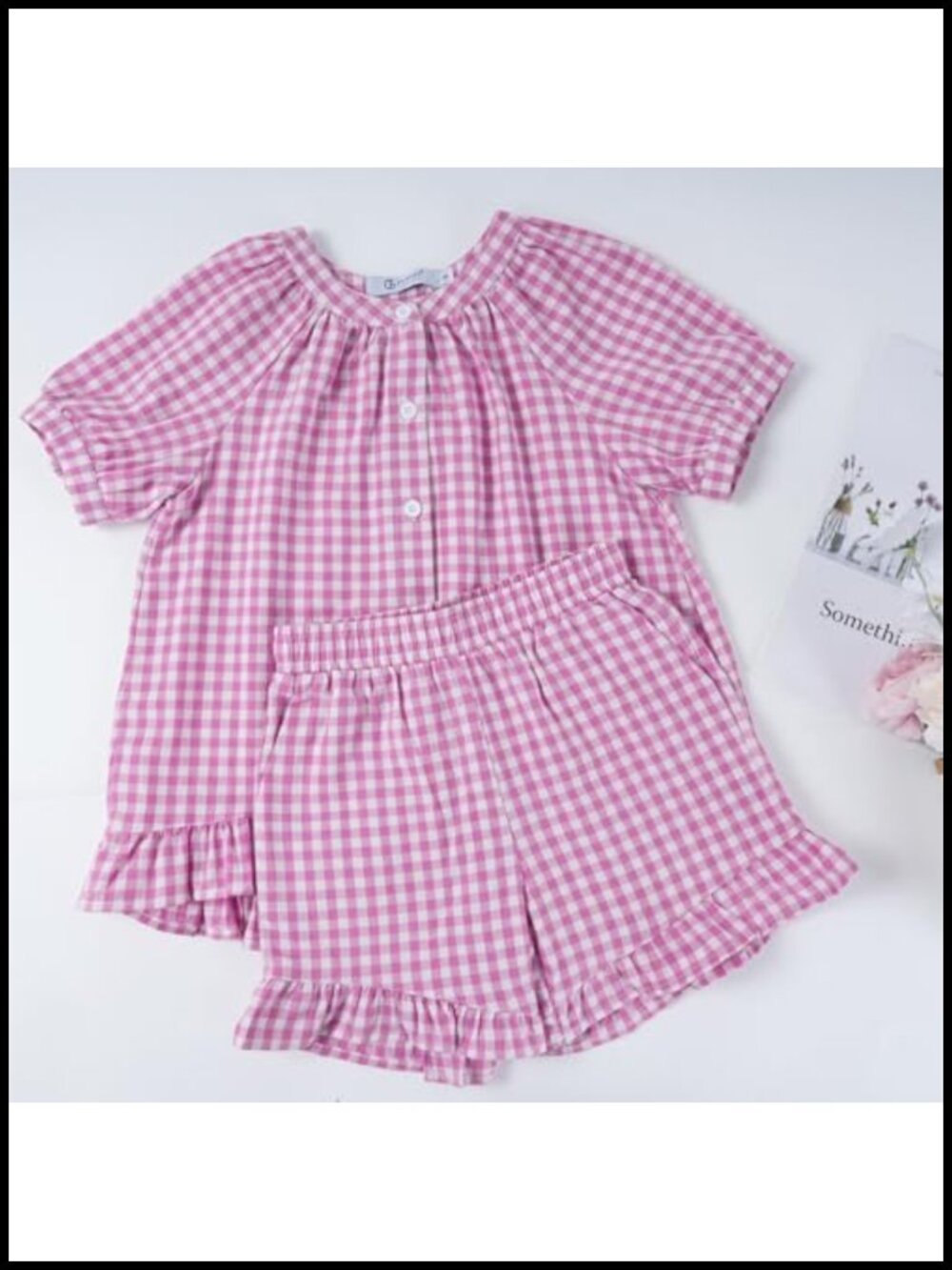 Girls Cotton Gingham 2 Piece Set Puff Sleeve Top Ruffle Shorts - Picture 5 of 6